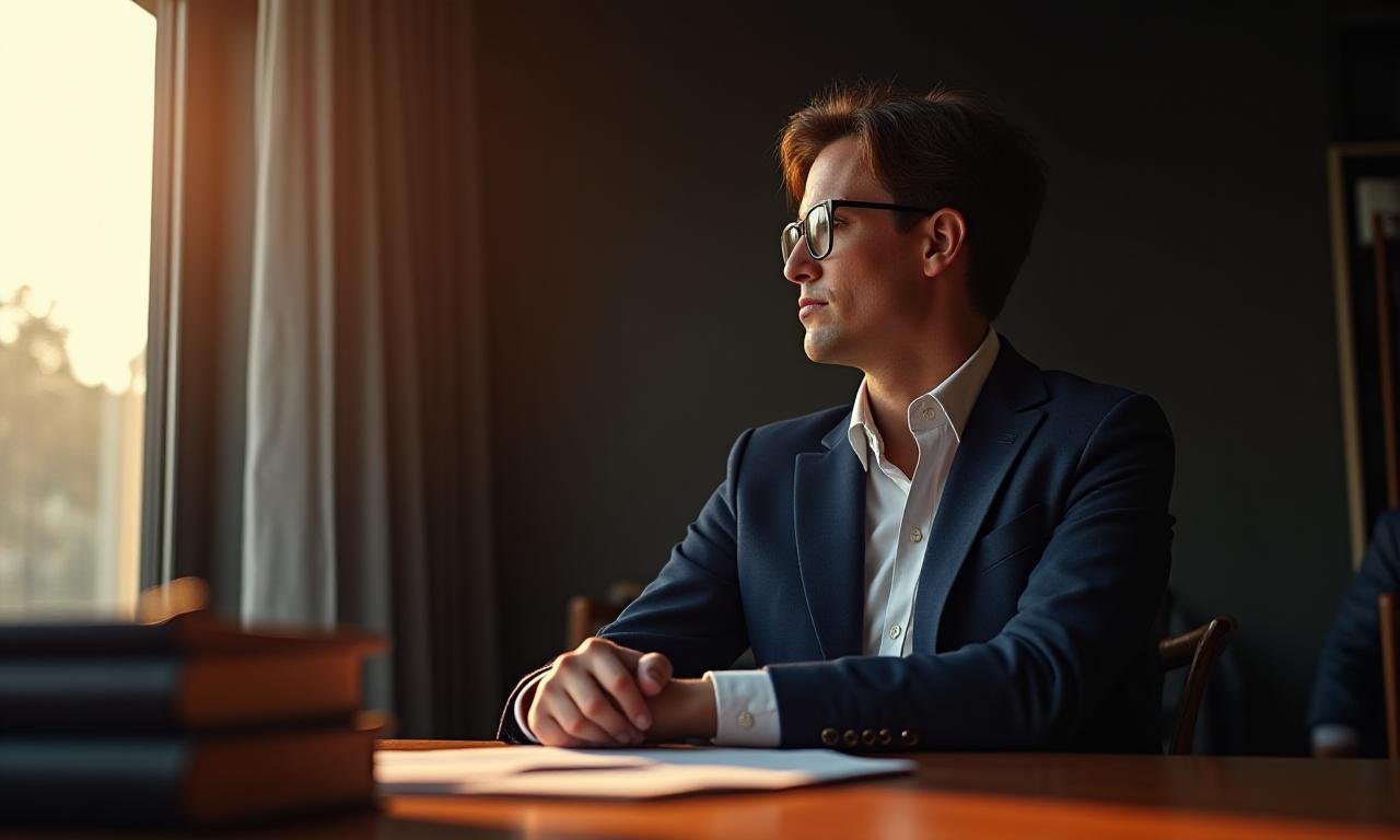 Modern executive reflecting on narrative strategy