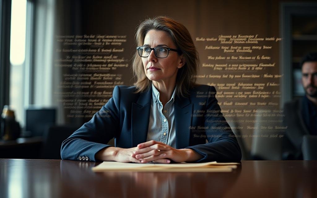 An executive in deep thought while looking across a table, with a faint overlay of a classical text manuscript