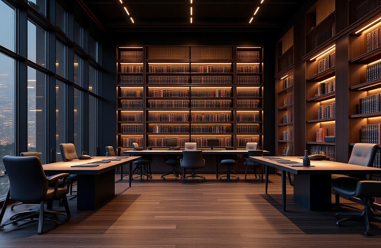 Sophisticated office with library backdrop