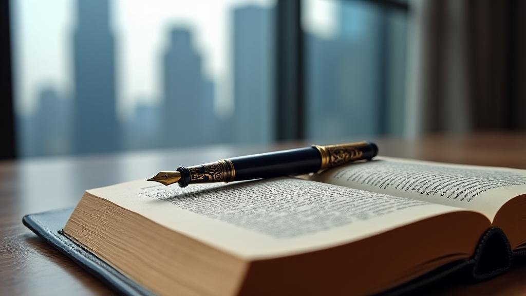 Close-up of a vintage fountain pen resting on a leather-bound book with a modern glass office skyscraper reflected in the window background