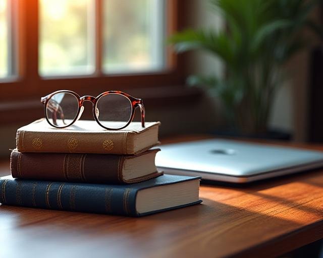 A collection of classic leather-bound books next to a modern laptop, symbolizing the intersection of narrative and business.