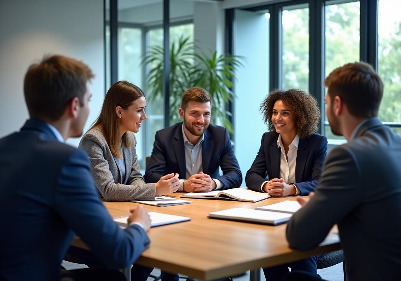 Professionals in a modern meeting space engaged in a deep discussion with open books on the table.